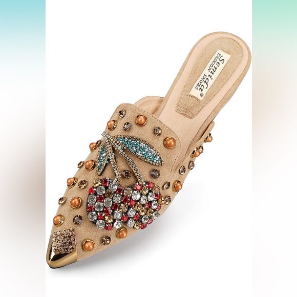 Cherry Rhinestone Khaki Metal Pointed Closed Toe Loafers - Picture 3 of 17